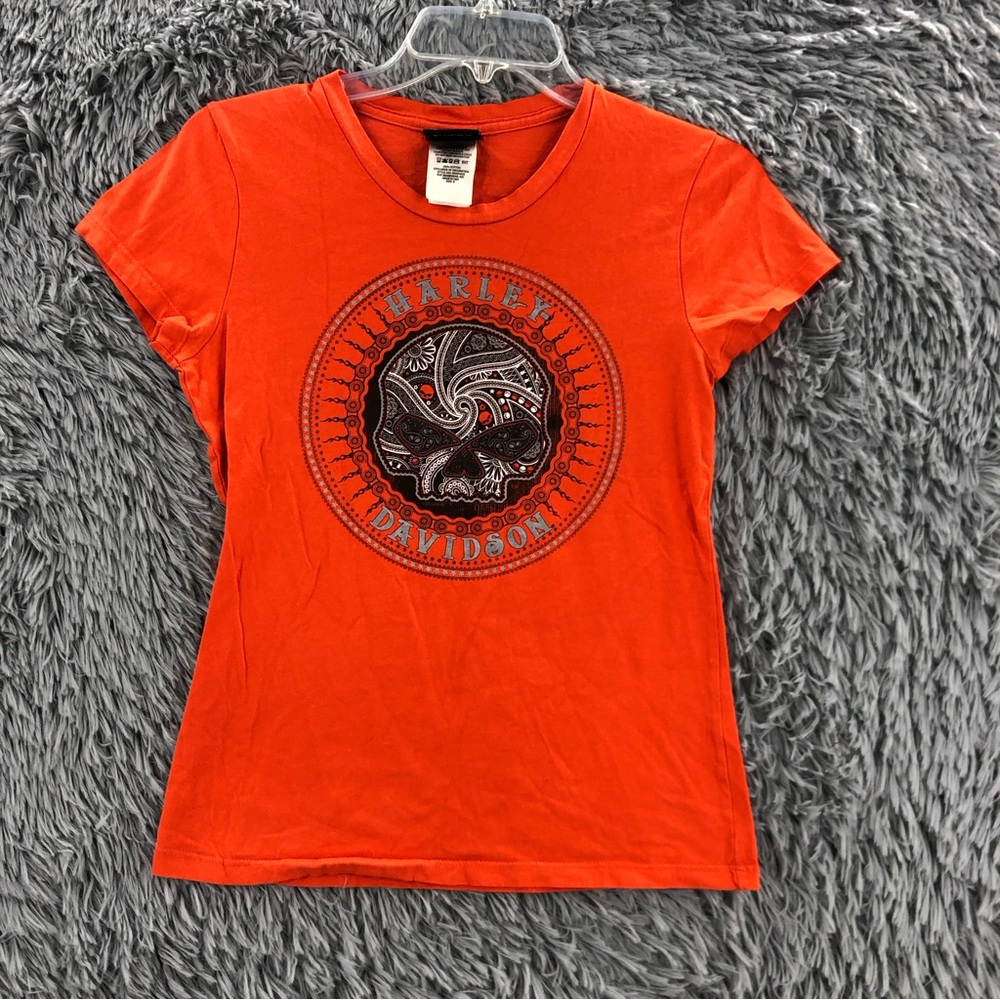Harley Davidson Tshirt Womens Small Skull Spellout Orange Black Shirt